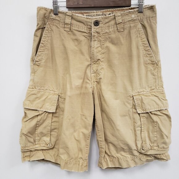 American Eagle Mens Y2K Ripstop Distressed Cargo Shorts Size 32 Beige Preppy - Picture 1 of 16